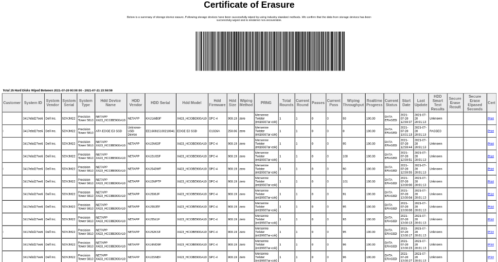 data erase wiping report