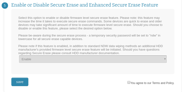 NDW - Network NVME SSD data erase wiping settings